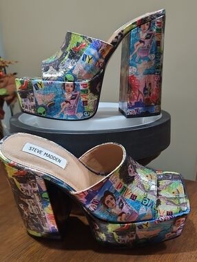😍🙌💜Steve Madden Trixie Colorful Graphic Platform Slide Heels